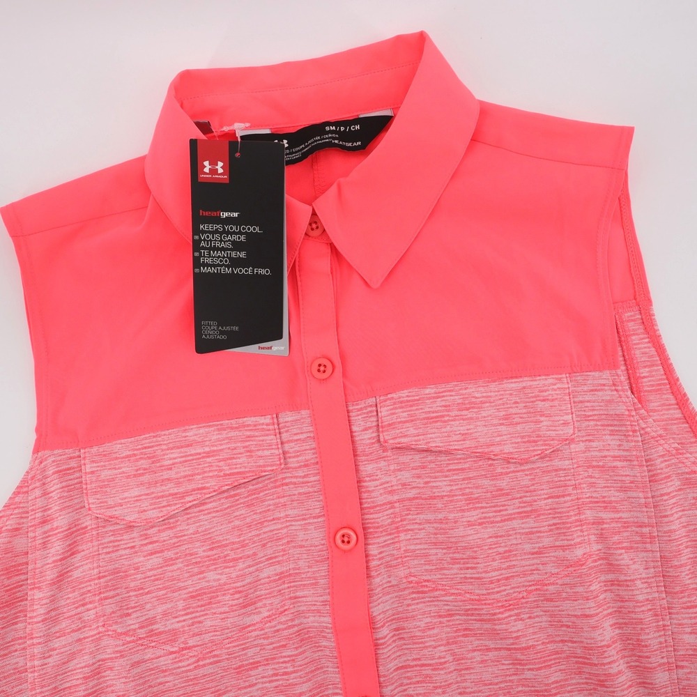 NEW Under Armour HeatGear Space Dye Button Up Top Pink Sleeveless Womens Small